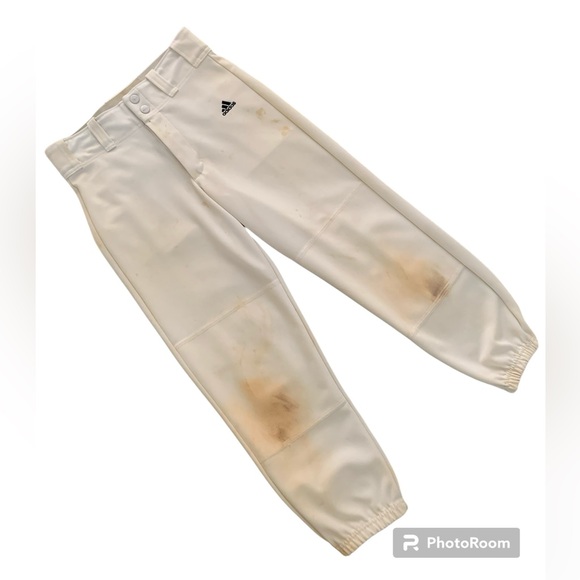 Adidas Boys Baseball Pants Climalite Elastic Leg Cuff Logo Belt Loop White M - Picture 1 of 16